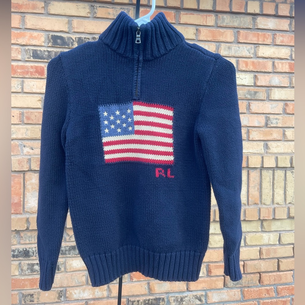 Ralph Lauren Navy Zip-Up Sweater with Flag Design